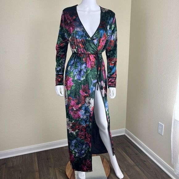 Zara Women's Size S Floral Velvet Wrap Duster Maxi Dress Robe Cardigan Blogger - Picture 16 of 16